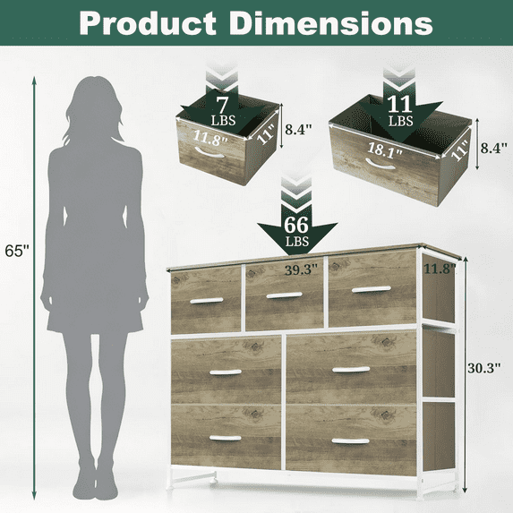 Aidoly Dresser for Bedroom, 7 Storage Drawers, Anti-Tip Wide Fabric Closet Organizer Tower Furniture, Wooden Top with Metal Frame