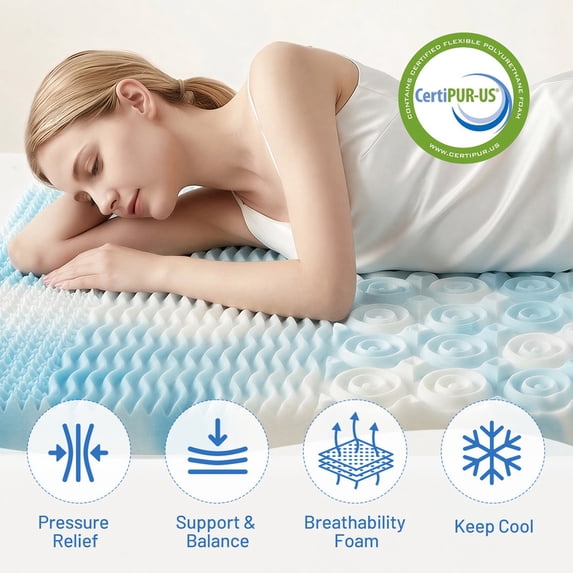 Beddle 2/3/4" Mattress Topper, Cooling Gel CertiPUR-US Memory Foam, Pressure Relief