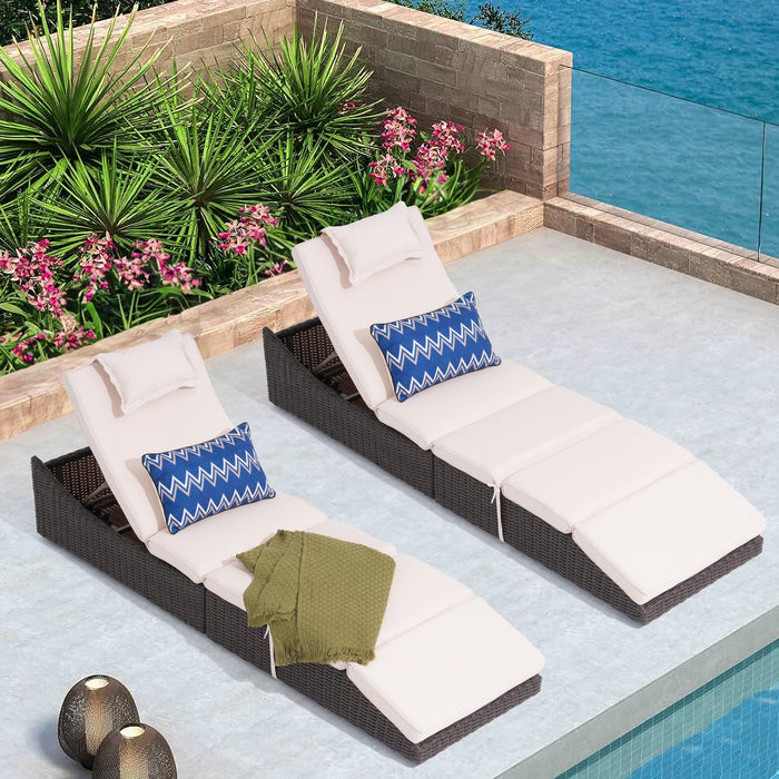 Pre-Assembled Outdoor PE Wicker Chaise Lounge, Waterprrof Patio Folding Lounge Chairs, Outside Poolside Lounger, Rattan Recliners with Adjustable Backrest for Garden, Poolside, Balcony - 2 Pack