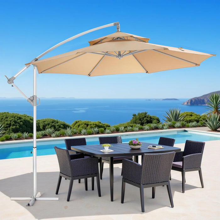 Sybels 10ft Offset Cantilever Umbrella, 2-Tier Heavy-Duty Metal Hanging Shade with Adjustable Tilt for Outdoor Use, Beige