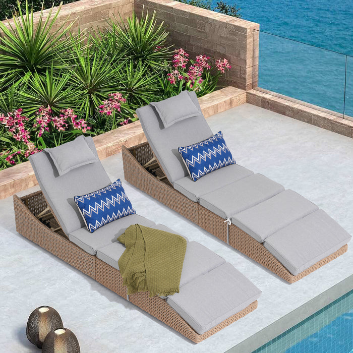 Pre-Assembled Outdoor PE Wicker Chaise Lounge, Waterprrof Patio Folding Lounge Chairs, Outside Poolside Lounger, Rattan Recliners with Adjustable Backrest for Garden, Poolside, Balcony - 2 Pack