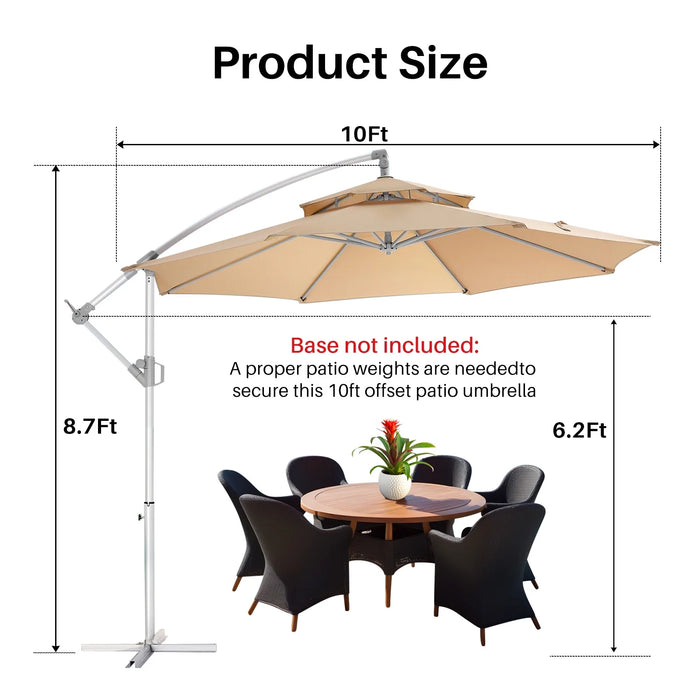 Sybels 10ft Offset Cantilever Umbrella, 2-Tier Heavy-Duty Metal Hanging Shade with Adjustable Tilt for Outdoor Use, Beige