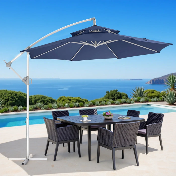 Sybels 10ft Offset Cantilever Umbrella, 2-Tier Heavy-Duty Metal Hanging Shade with Adjustable Tilt for Outdoor Use, Navy Blue