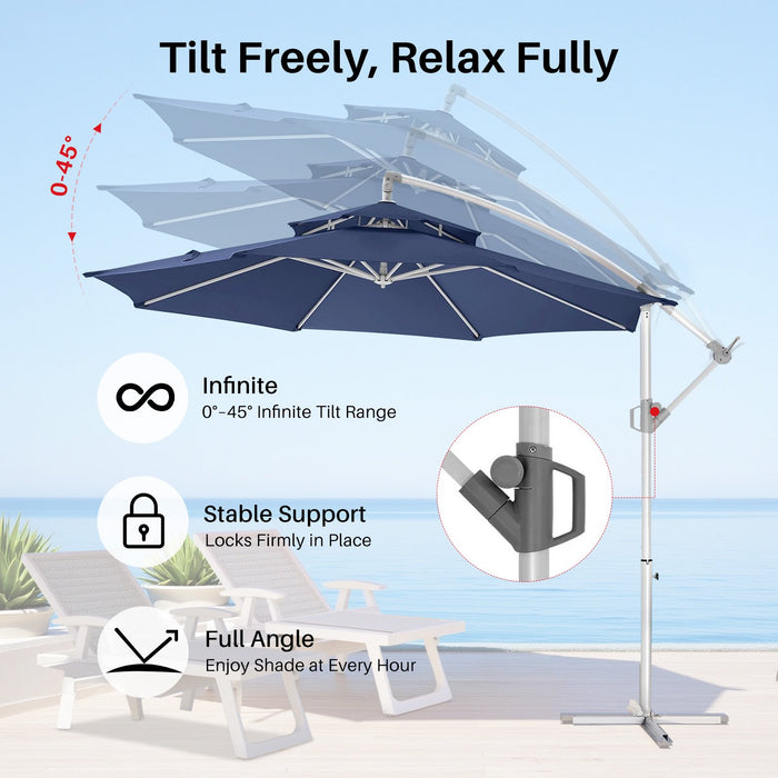 Sybels 10ft Offset Cantilever Umbrella, 2-Tier Heavy-Duty Metal Hanging Shade with Adjustable Tilt for Outdoor Use, Navy Blue