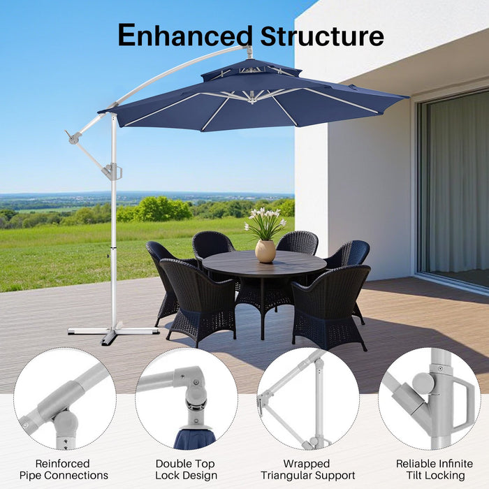 Sybels 10ft Offset Cantilever Umbrella, 2-Tier Heavy-Duty Metal Hanging Shade with Adjustable Tilt for Outdoor Use, Navy Blue