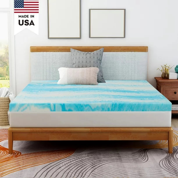 2 Inch Queen Cooling Gel Infused Shell Mattress Topper, Memory Foam Mattress Pad/ Cushion, Box/ Crate packed, Soft, Blue, Made in USA