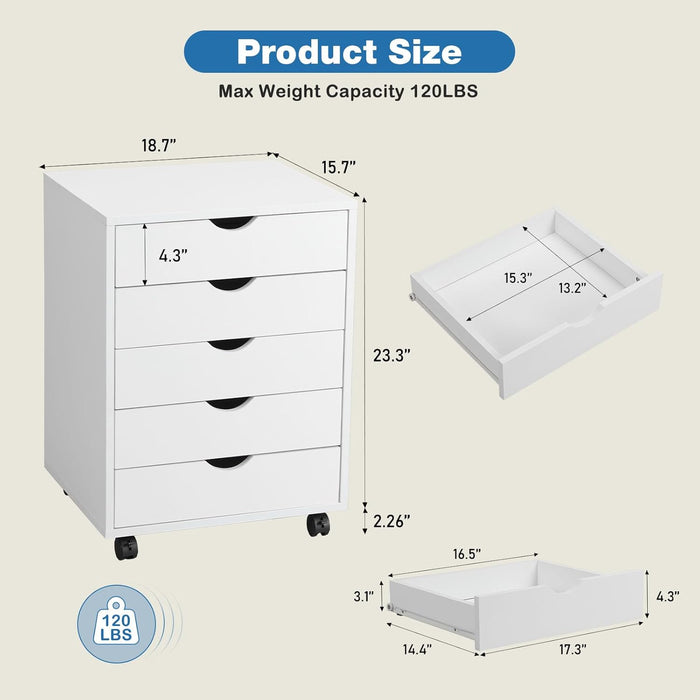 Sybels 5-Drawer Rolling Storage Cart, Mobile File Cabinet & Organizer Dresser with Wheels for Home Office, Wood Chest, White