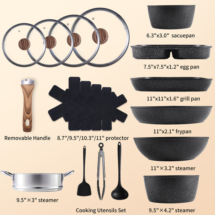 Sybels 17-Piece Nonstick Pots and Pans Set for Healthy Cooking, Non-Toxic & Oven Safe with Stay-Cool Handles, Works on All Stoves, Black