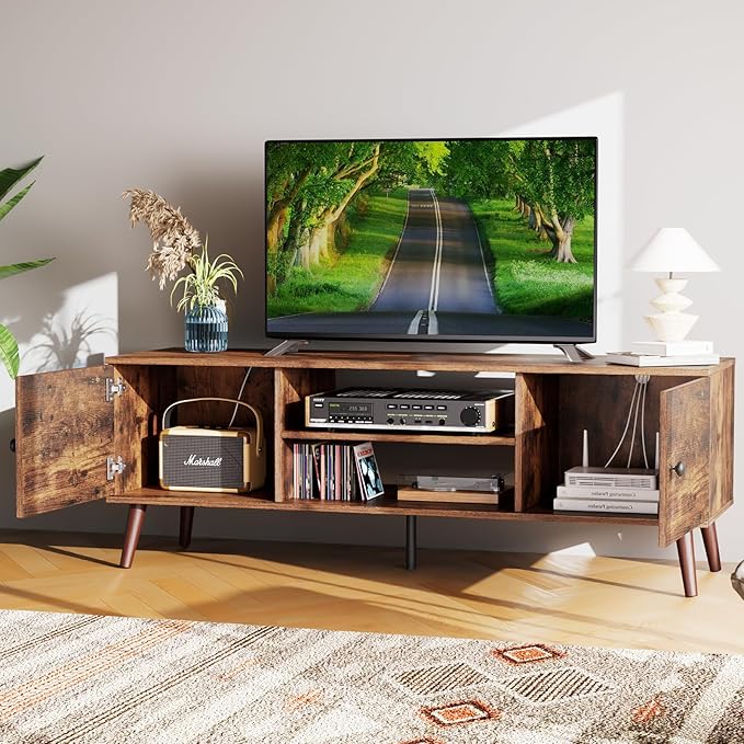 Sybels Solid Wood TV Stand for 55-60 inch TVs – Mid-Century Style Media Console with Soft-Close Cabinets, for Living Room, Office, Rust