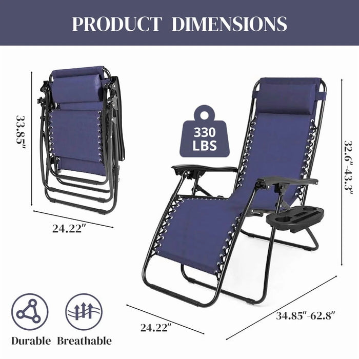 Sybels 2-Pack Zero Gravity Reclining Lounge Chairs, Portable Folding Outdoor Chairs with Adjustable Headrest, Cup Holders & Ergonomic Support, Blue