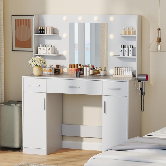 Sybels Vanity Desk with LED Mirror & Power Outlet, Makeup Dressing Table with 10 Lights, 3 Color Modes, Adjustable Brightness, 3 Drawers, 2 Cabinets & 4 Shelves for Bedroom
