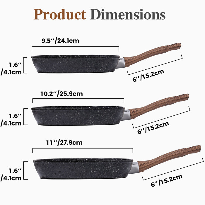 Sybels 3-Piece Nonstick Grill Pan Set, Square ，for Healthy Cooking, Universal for Induction Gas Electric Glass Stovetops, Cool-Touch Handle (9.5" 10" 11")，Black