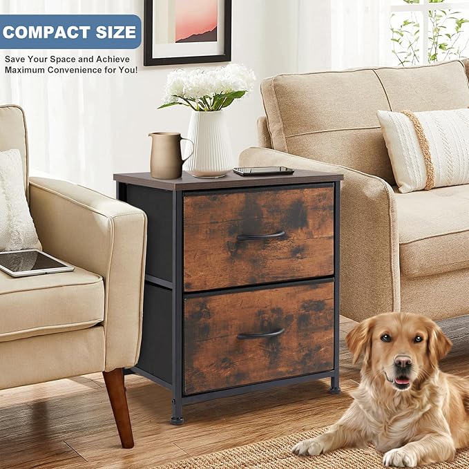 Sybels 20" Tall Bedside Table with 2 Fabric Storage Drawers, Compact Night Stand Dresser with Wooden Top for Bedroom, Dorm Room,Rust(2Pack)