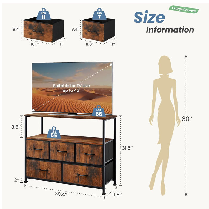 Sybels Modern TV Console with 5 Fabric Drawers for 45" TVs, Media Stand with Open Display Shelf, Minimalist Entertainment Center for Living Room & Bedroom, Rust