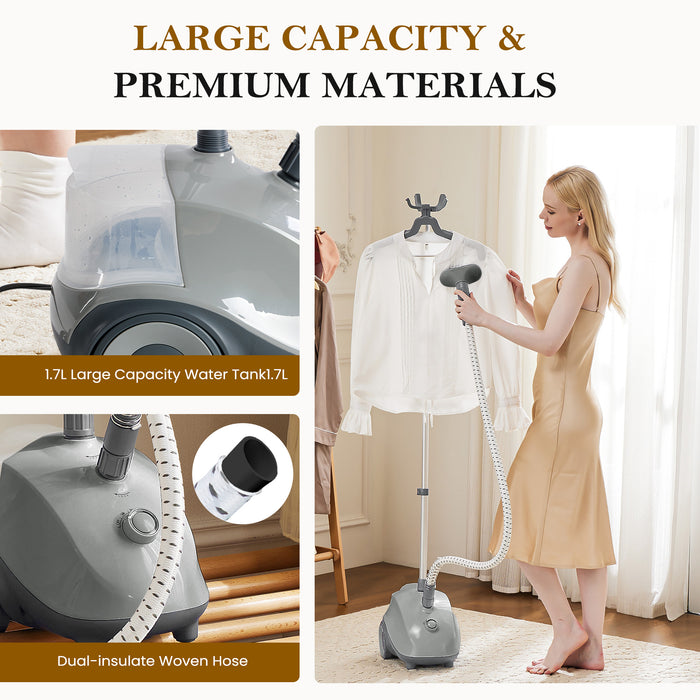 Sybels Standing Garment Steamer – 1500W Strong Power, Wheels for Convenient Mobility, 1.7L Tank Supports 55 Mins Non-Stop Steaming, Professional 45-Second Fast Heat Wrinkle Eraser, Grey