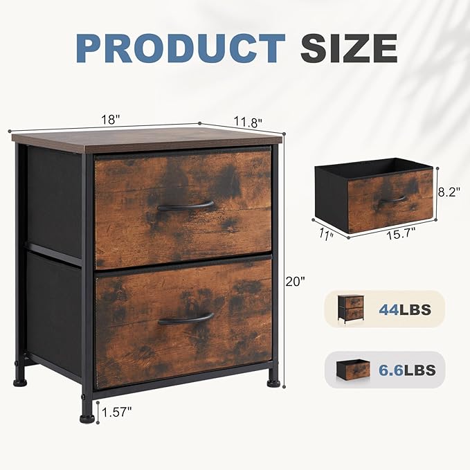 Sybels 20" Tall Bedside Table with 2 Fabric Storage Drawers, Compact Night Stand Dresser with Wooden Top for Bedroom, Dorm Room,Rust(2Pack)