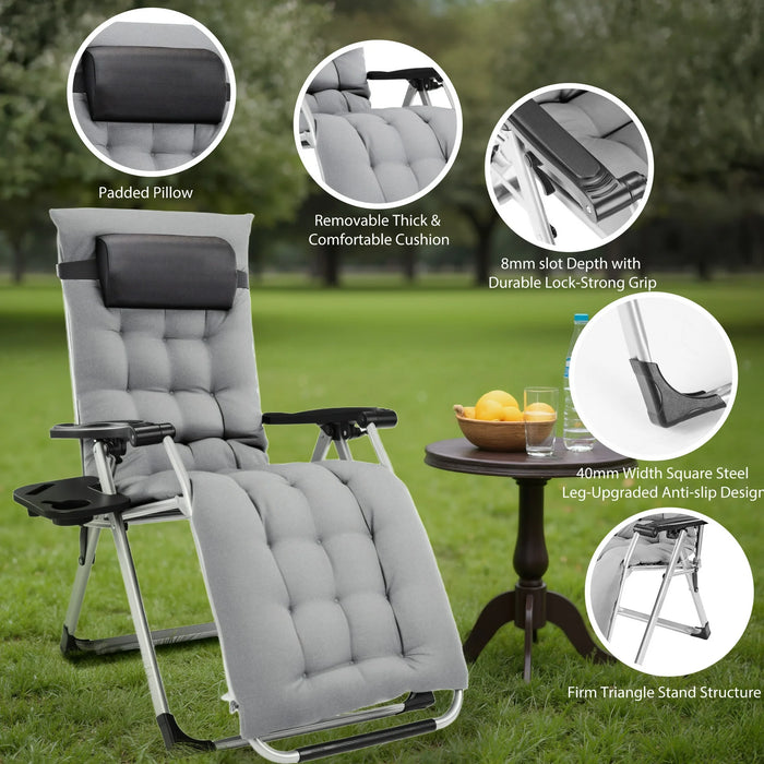 Sybels Zero Gravity Chair with Headrest & Cup Holders - Reclining Outdoor Lounge Chair, Supports 440lbs, Foldable for Backyard, Deck , Gray