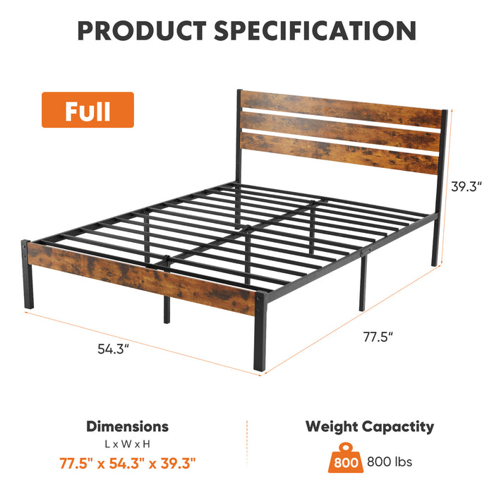 Sybels Full Bed Frame: No Box Spring Needed, Ample Under-Bed Storage & All-Metal Support in a Rust Brown Finish，800LBS