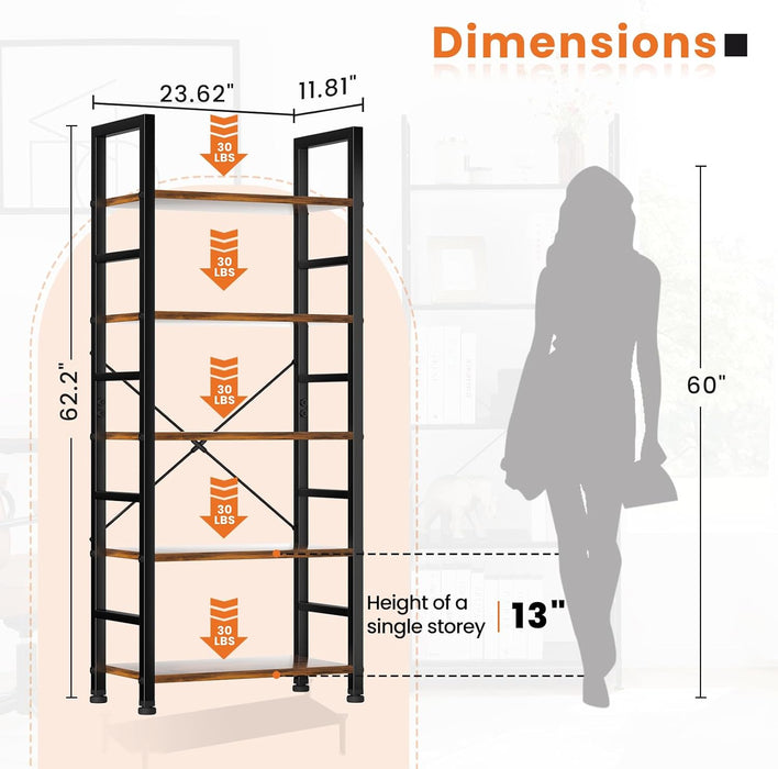 Sybels 5-Tier Industrial Bookshelf, Storage Bookcase Organizer for Home Office, Garage, Kitchen, for Books, CDs, Rust