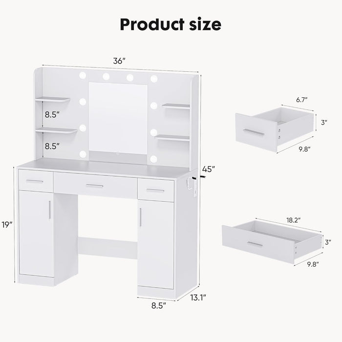 Sybels Vanity Desk with LED Mirror & Power Outlet, Makeup Dressing Table with 10 Lights, 3 Color Modes, Adjustable Brightness, 3 Drawers, 2 Cabinets & 4 Shelves for Bedroom