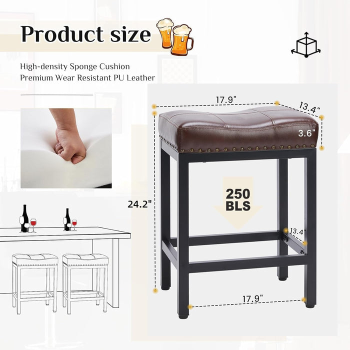 Sybels 24" Saddle Bar Stools (Set of 2) - PU Leather Counter Stools with Footrest for Kitchen Island, Cafe，Brown