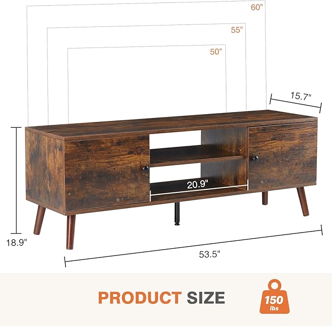 Sybels Solid Wood TV Stand for 55-60 inch TVs – Mid-Century Style Media Console with Soft-Close Cabinets, for Living Room, Office, Rust