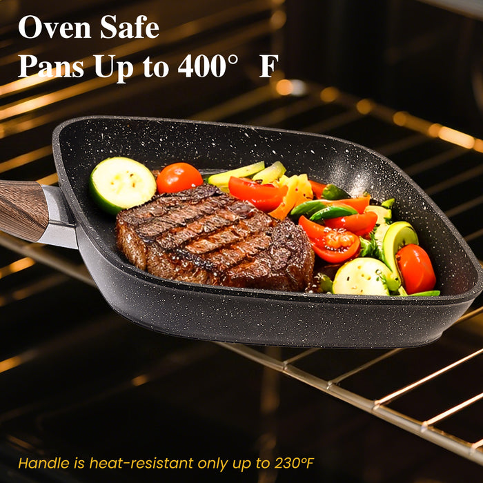 Sybels 3-Piece Nonstick Grill Pan Set, Square ，for Healthy Cooking, Universal for Induction Gas Electric Glass Stovetops, Cool-Touch Handle (9.5" 10" 11")，Black