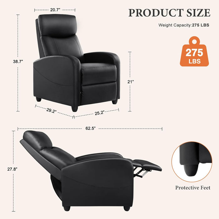 Sybels Compact Massage Recliner - Space-Saving PU Leather Chair with Lumbar Support for Home Theater, Black
