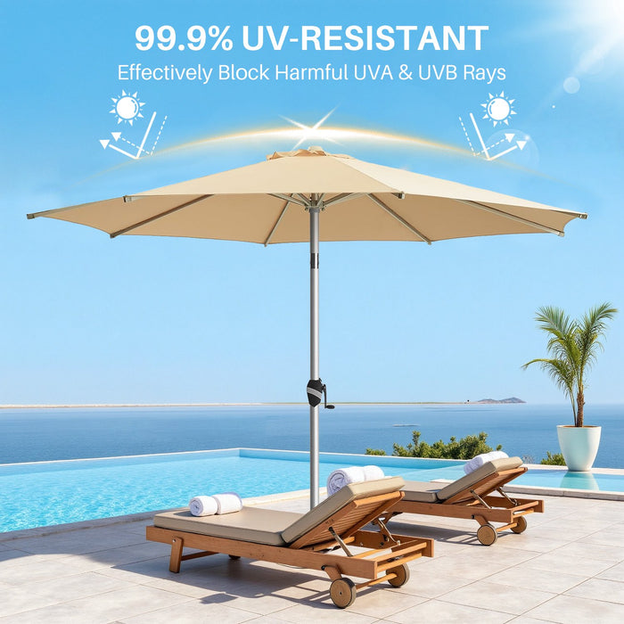 Sybels 9FT Patio Umbrella with Push-Button Tilt - Fade-Resistant Aluminum Frame for Pool, Deck & Garden, Khaki