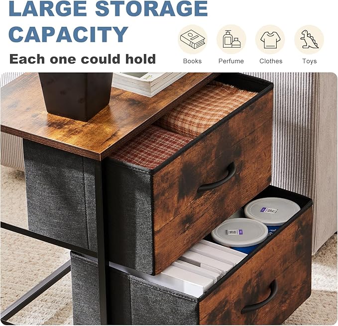 Sybels 20" Tall Bedside Table with 2 Fabric Storage Drawers, Compact Night Stand Dresser with Wooden Top for Bedroom, Dorm Room,Rust(1Pack)