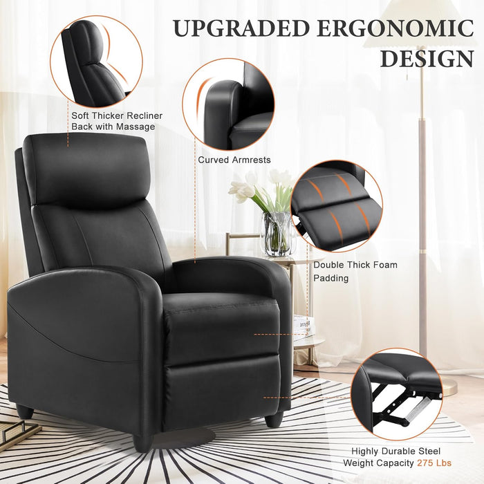 Sybels Compact Massage Recliner - Space-Saving PU Leather Chair with Lumbar Support for Home Theater, Black