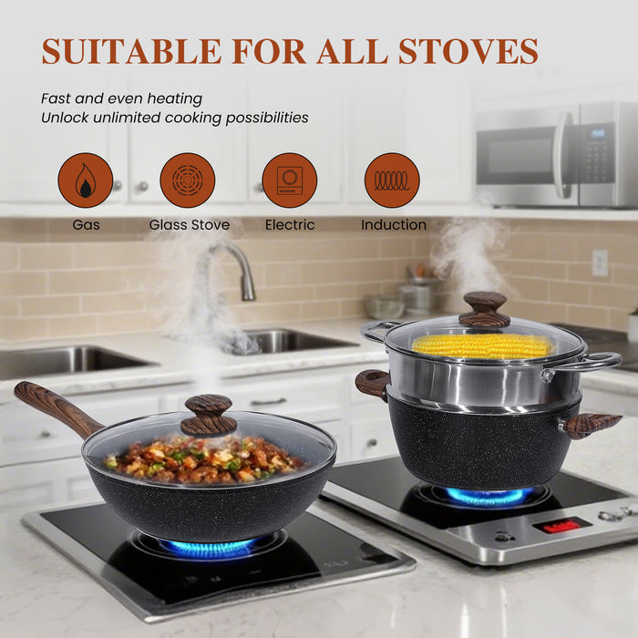 Sybels 17-Piece Nonstick Pots and Pans Set for Healthy Cooking, Non-Toxic & Oven Safe with Stay-Cool Handles, Works on All Stoves, Black