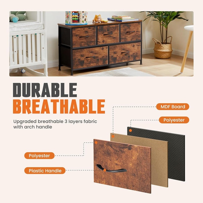 Sybels Modern TV Console with 5 Fabric Drawers for 45" TVs, Media Stand with Open Display Shelf, Minimalist Entertainment Center for Living Room & Bedroom, Rust