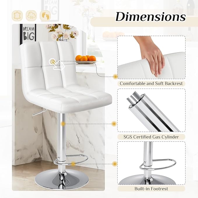 Sybels 2-Pack Adjustable Swivel Bar Stools, Armless PU Leather Counter Height Stools with Back，White