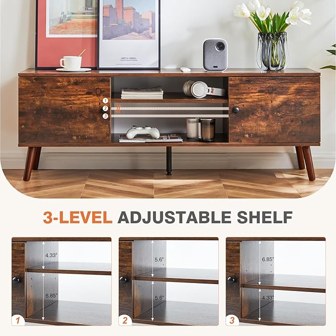 Sybels Solid Wood TV Stand for 55-60 inch TVs – Mid-Century Style Media Console with Soft-Close Cabinets, for Living Room, Office, Rust