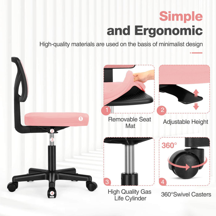 Sybels Adjustable Mesh Office Chair - Padded Seat, Low Back Support, 360° Swivel & Smooth Rolling Casters, Pink