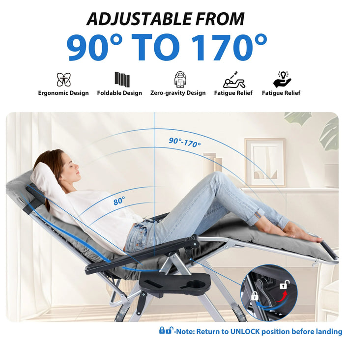 Sybels Zero Gravity Chair with Headrest & Cup Holders - Reclining Outdoor Lounge Chair, Supports 440lbs, Foldable for Backyard, Deck , Gray