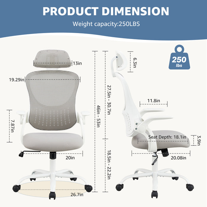 Sybels Ergonomic High Back Mesh Office Chair - Adjustable Headrest & Lumbar Support, Flip-Up Arms, 360° Swivel with Rolling Casters for Home Office, Grey