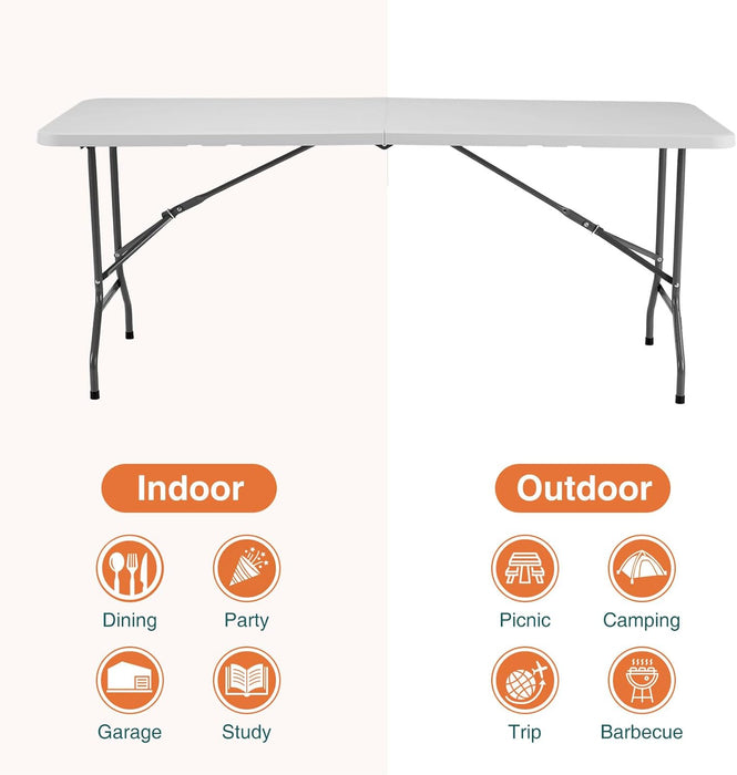 Sybels 6ft Plastic Folding Table, Heavy Duty Portable Desk with Carrying Handle for Camping Picnic Party, Indoor & Outdoor Use