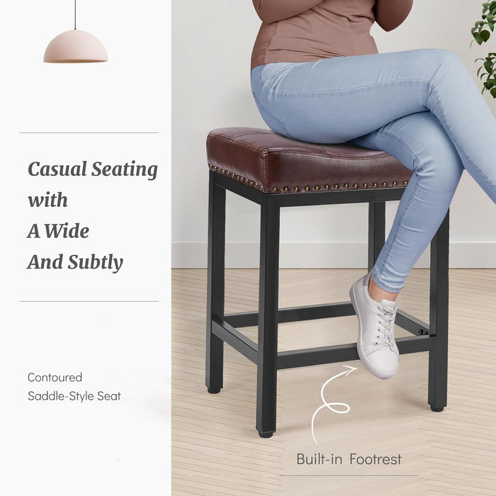 Sybels 24" Saddle Bar Stools (Set of 2) - PU Leather Counter Stools with Footrest for Kitchen Island, Cafe，Brown