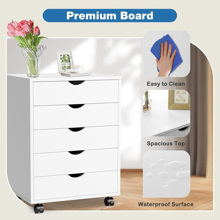 Sybels 5-Drawer Rolling Storage Cart, Mobile File Cabinet & Organizer Dresser with Wheels for Home Office, Wood Chest, White