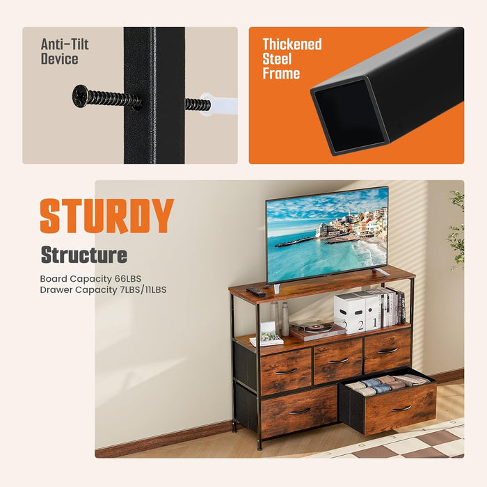 Sybels Modern TV Console with 5 Fabric Drawers for 45" TVs, Media Stand with Open Display Shelf, Minimalist Entertainment Center for Living Room & Bedroom, Rust