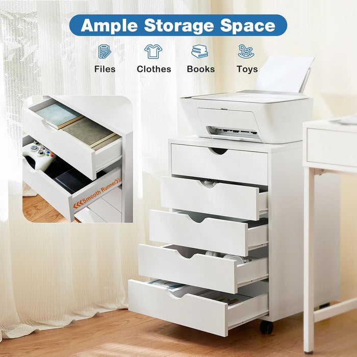 Sybels 5-Drawer Rolling Storage Cart, Mobile File Cabinet & Organizer Dresser with Wheels for Home Office, Wood Chest, White