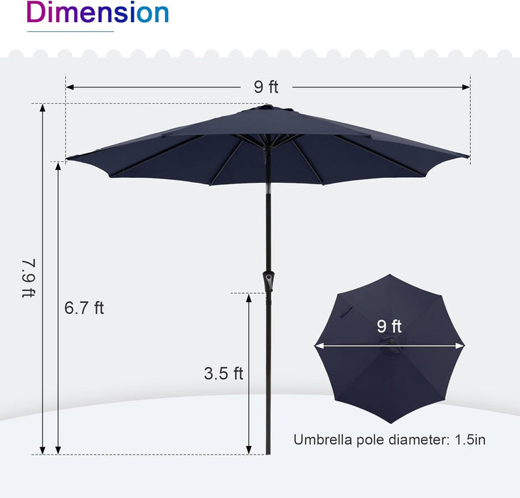 Dozzle 9 ft Patio Umbrella with Tilt & Crank, 8-Rib Outdoor Market Umbrella for Table, Navy Blue