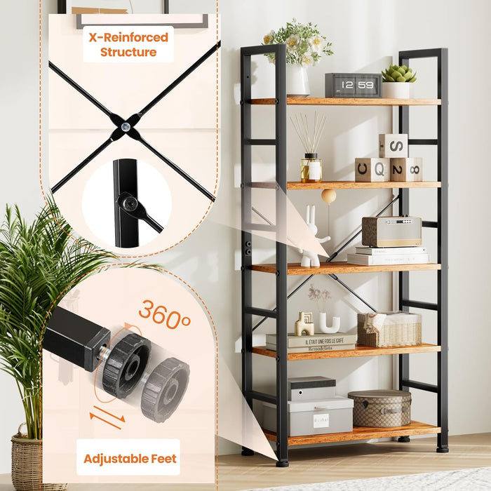Sybels 5-Tier Industrial Bookshelf, Storage Bookcase Organizer for Home Office, Garage, Kitchen, for Books, CDs, Rust