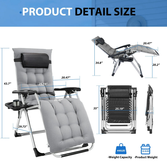 Sybels Zero Gravity Chair with Headrest & Cup Holders - Reclining Outdoor Lounge Chair, Supports 440lbs, Foldable for Backyard, Deck , Gray