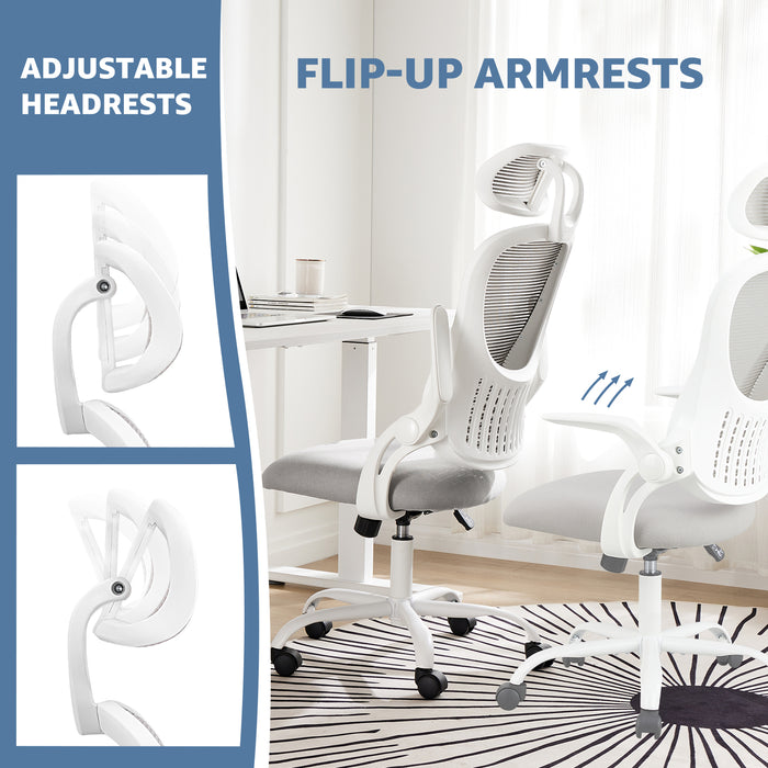 Sybels Ergonomic High Back Mesh Office Chair - Adjustable Headrest & Lumbar Support, Flip-Up Arms, 360° Swivel with Rolling Casters for Home Office, Grey