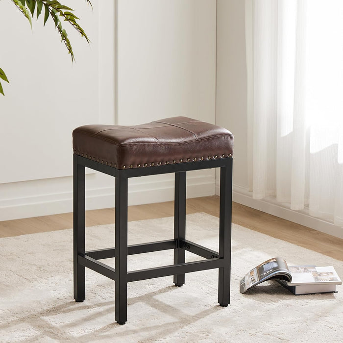 Sybels 24" Saddle Bar Stools (Set of 2) - PU Leather Counter Stools with Footrest for Kitchen Island, Cafe，Brown