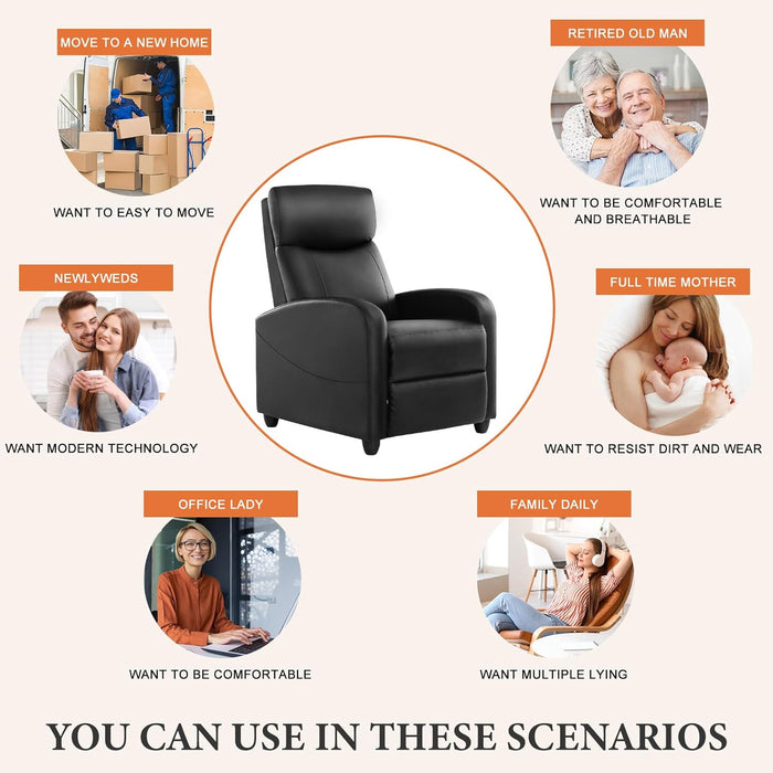 Sybels Compact Massage Recliner - Space-Saving PU Leather Chair with Lumbar Support for Home Theater, Black