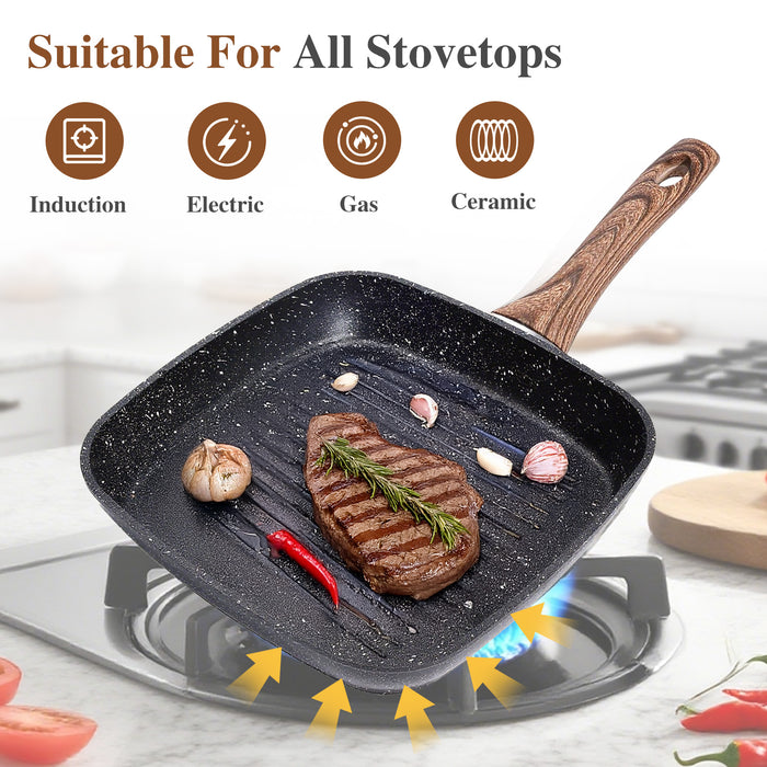 Sybels 3-Piece Nonstick Grill Pan Set, Square ，for Healthy Cooking, Universal for Induction Gas Electric Glass Stovetops, Cool-Touch Handle (9.5" 10" 11")，Black